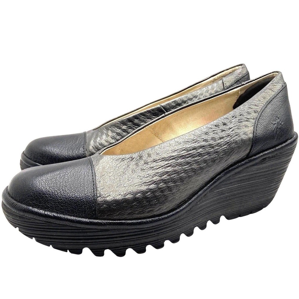 Fly London Black Leather Platform Wedge 39 Rocker Sole Comfort Black Silver